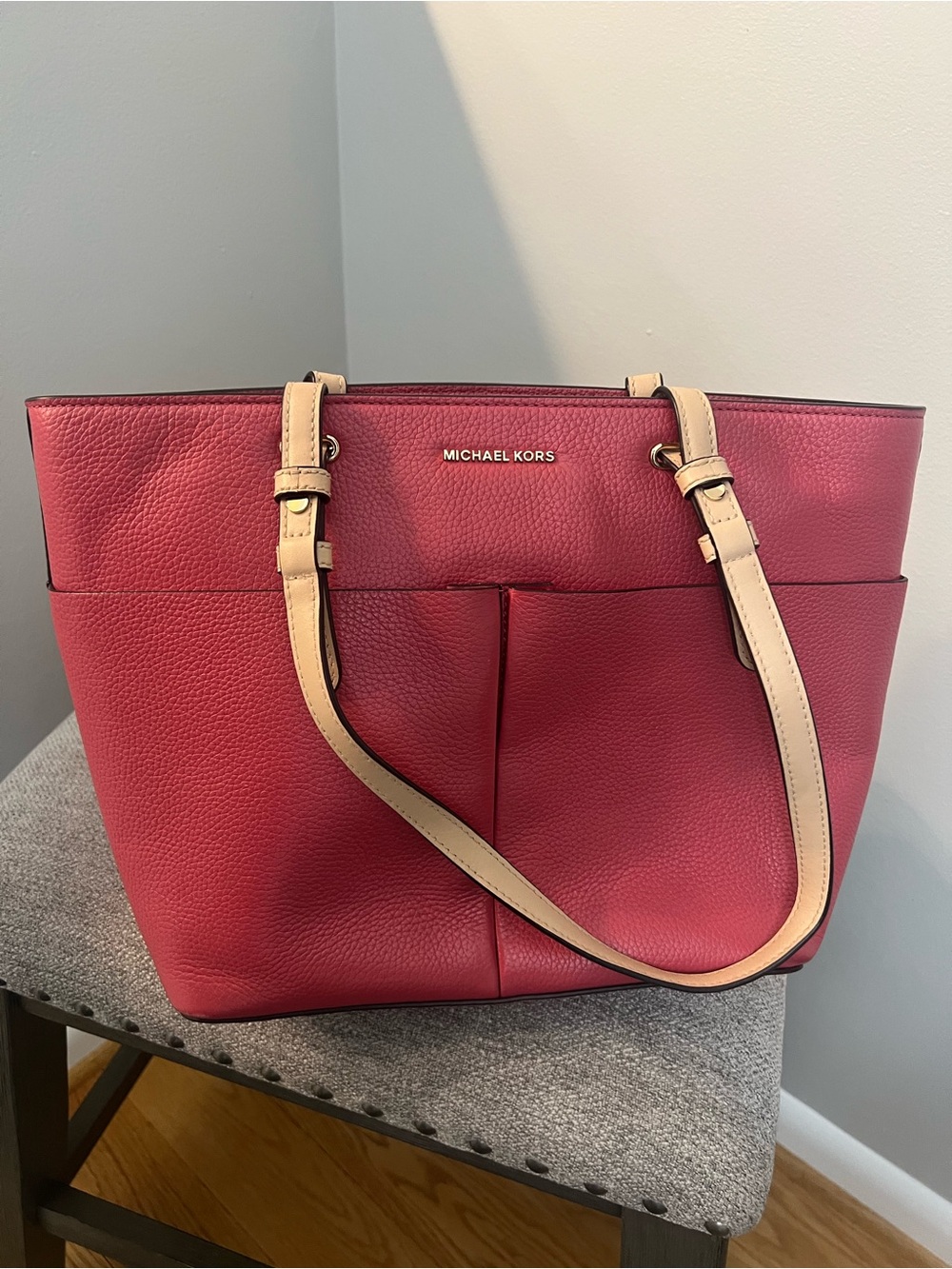 Michael Kors Pink-Red Pebbled Leather Tote with Cream Straps